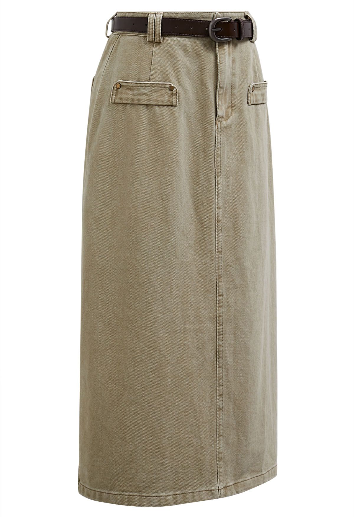 Utility Chic Belted Pocket Trim Denim Skirt in Sand