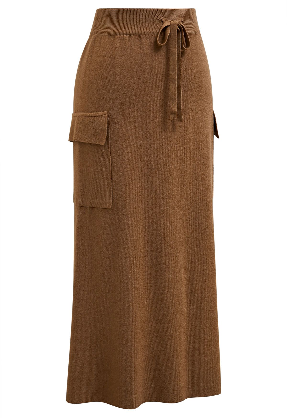 Fake Pocket Stylish Tie-Waist Knit Skirt in Caramel