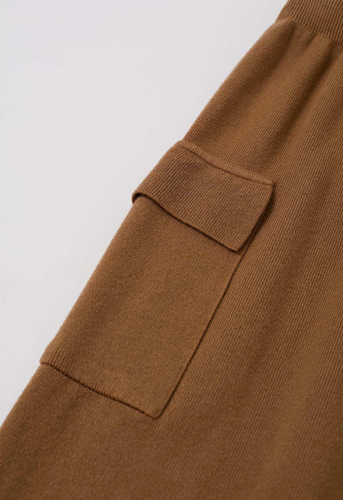 Fake Pocket Stylish Tie-Waist Knit Skirt in Caramel