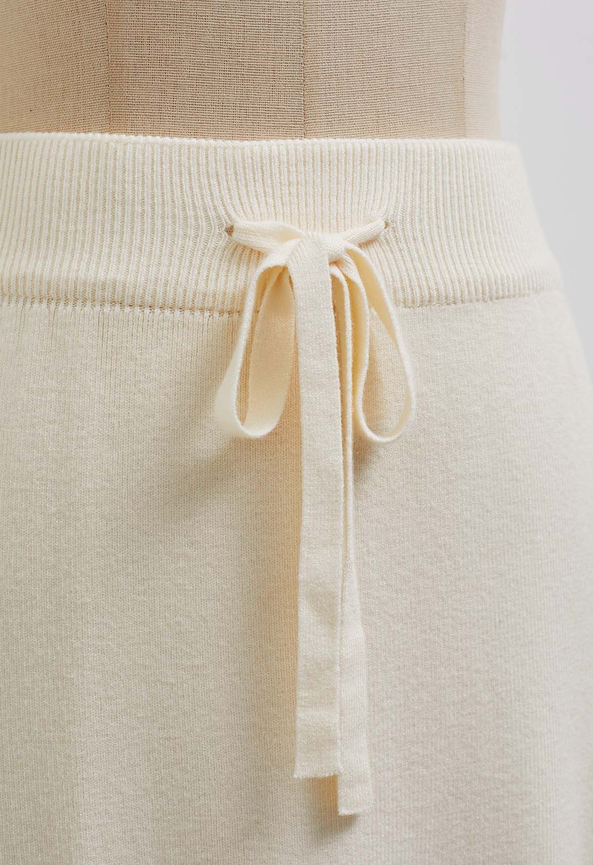 Fake Pocket Stylish Tie-Waist Knit Skirt in Cream