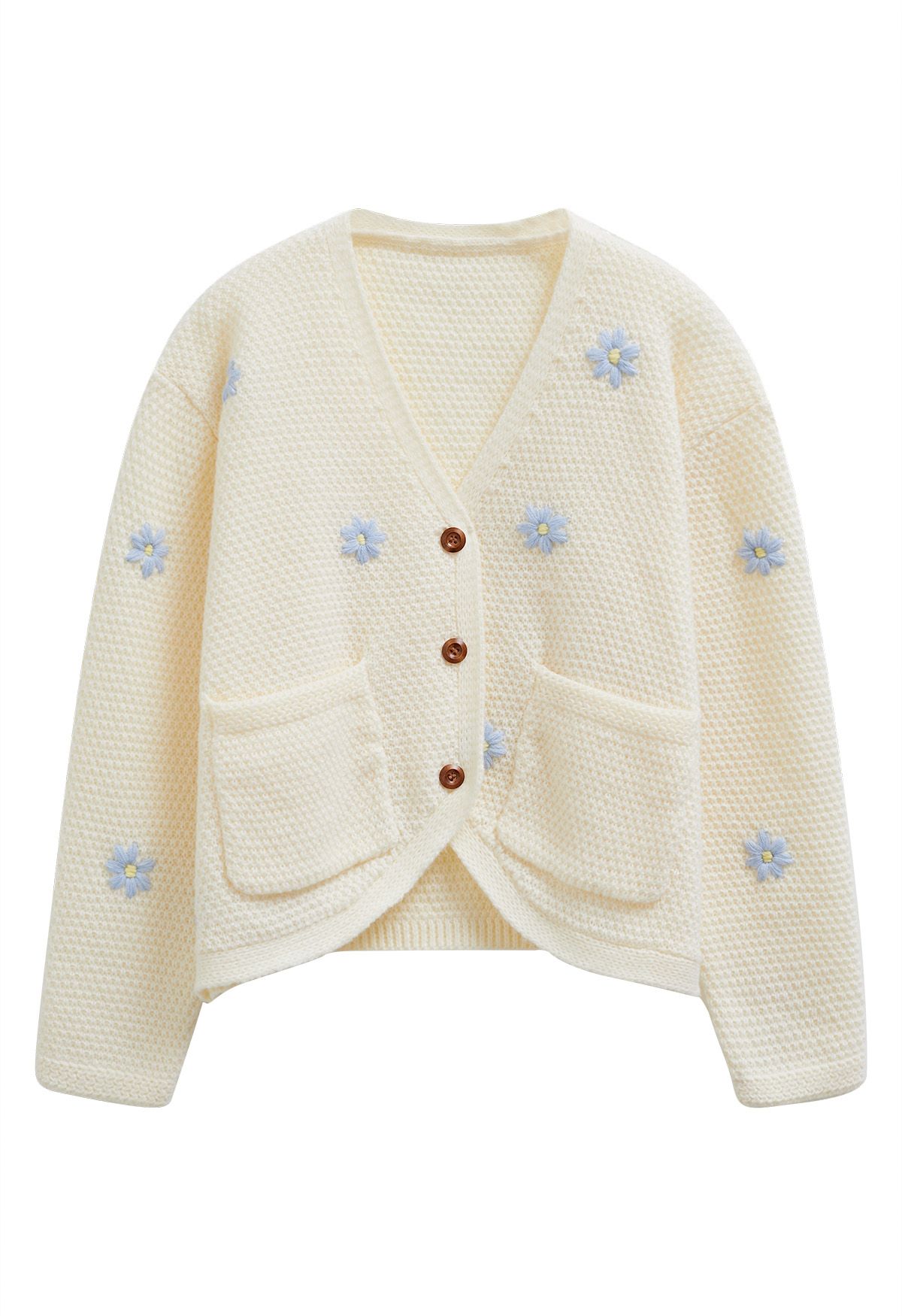 Endearing Stitch Flower Waffle Knit Cardigan in Cream