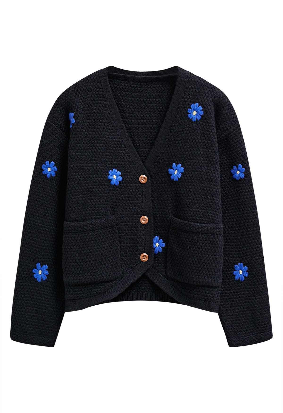 Endearing Stitch Flower Waffle Knit Cardigan in Black