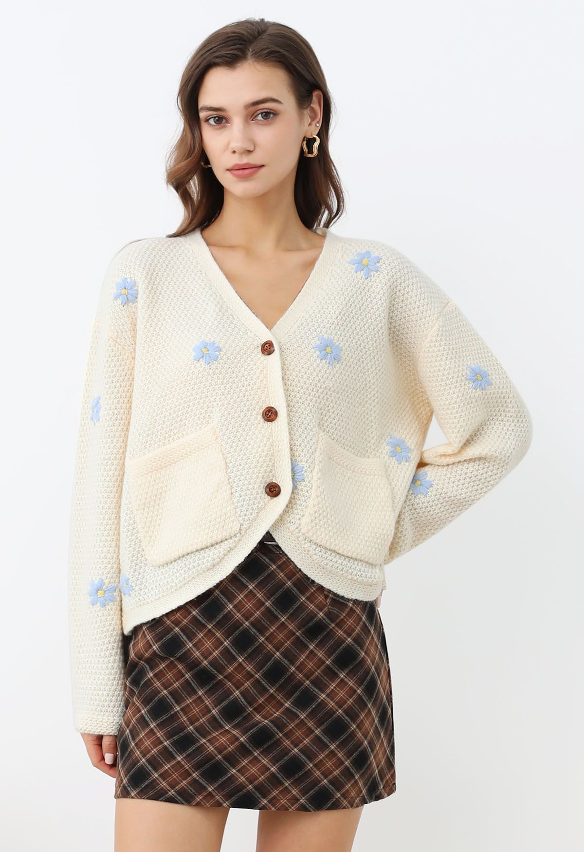 Endearing Stitch Flower Waffle Knit Cardigan in Cream