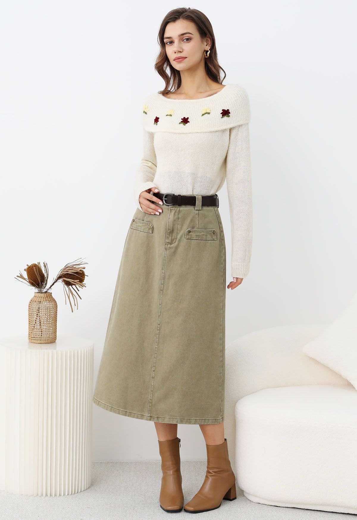 Utility Chic Belted Pocket Trim Denim Skirt in Sand