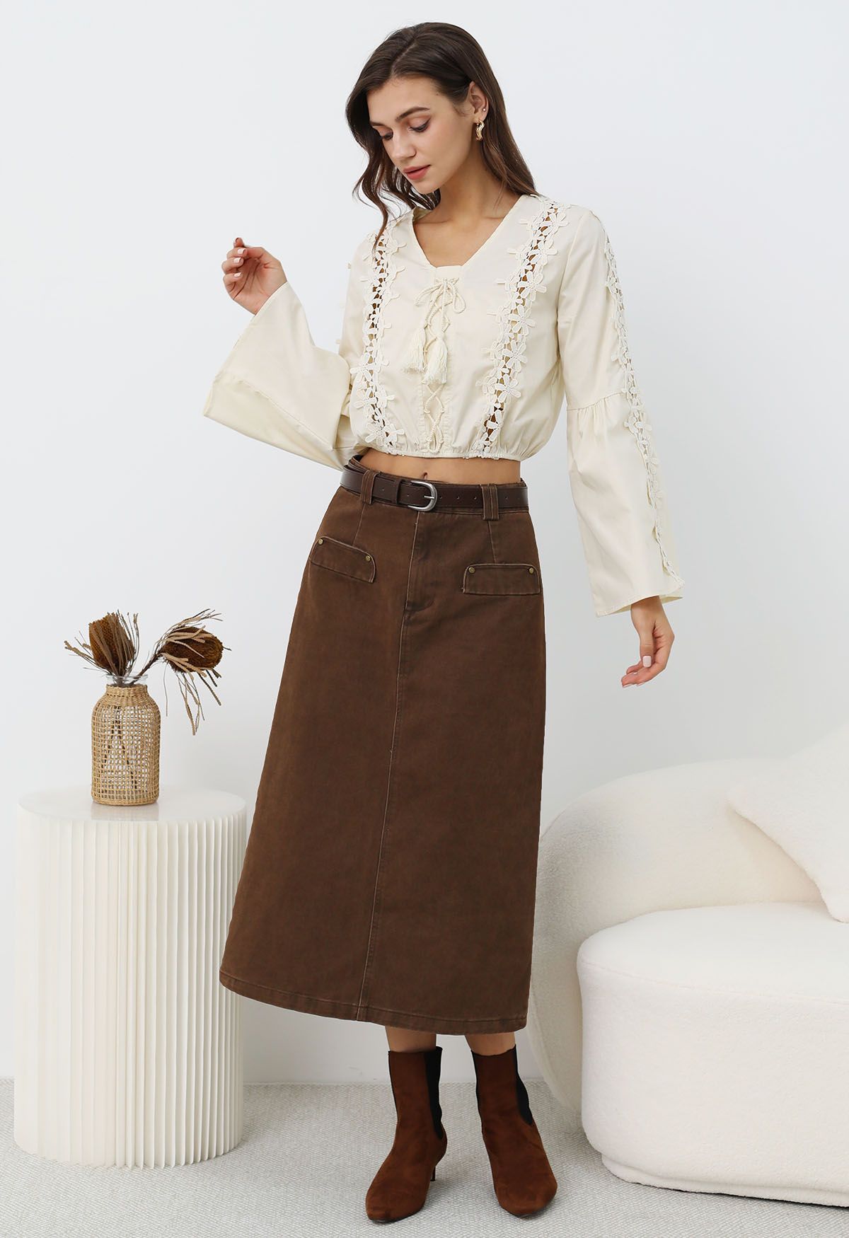 Utility Chic Belted Pocket Trim Denim Skirt in Brown