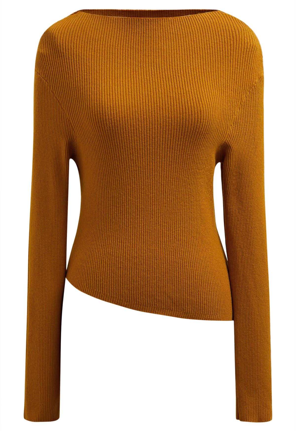 Slanted Hem Ribbed Knit Top in Pumpkin