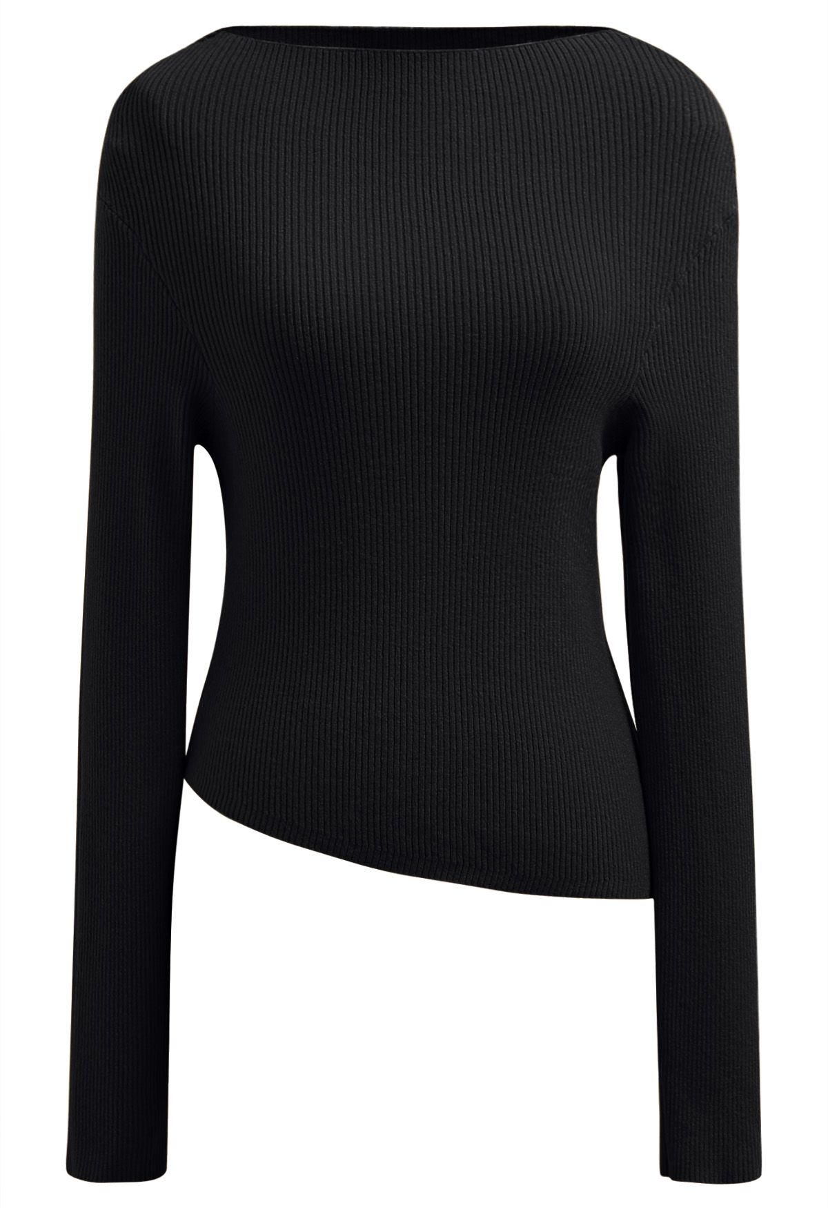 Slanted Hem Ribbed Knit Top in Black