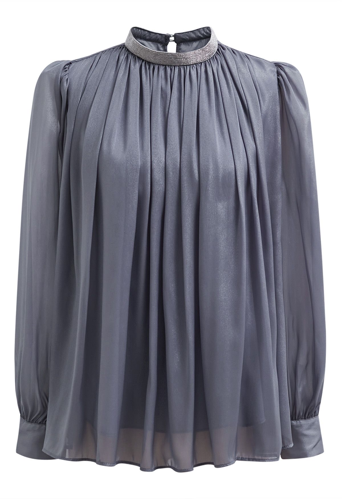 Sparkling Beaded Neckline Sheer Top in Grey