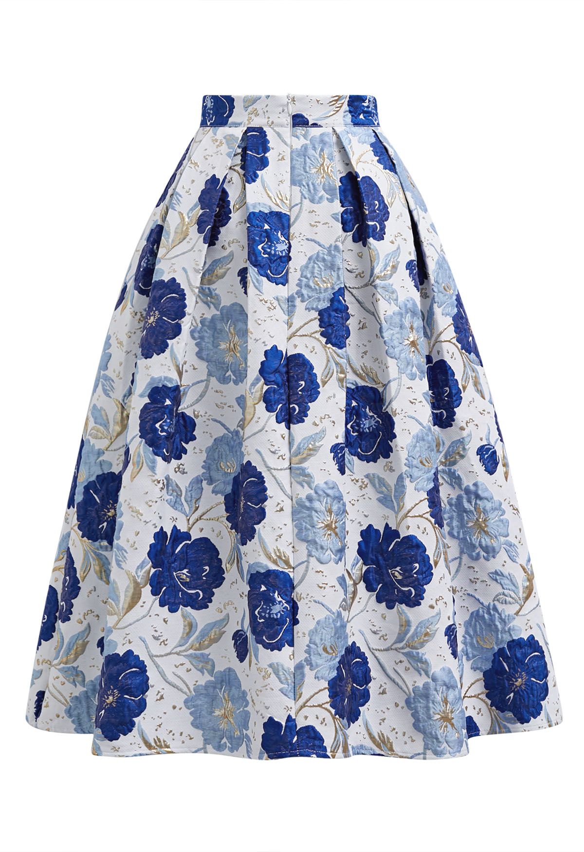 Ornate Floral Jacquard Pleated Flare Midi Skirt in Indigo