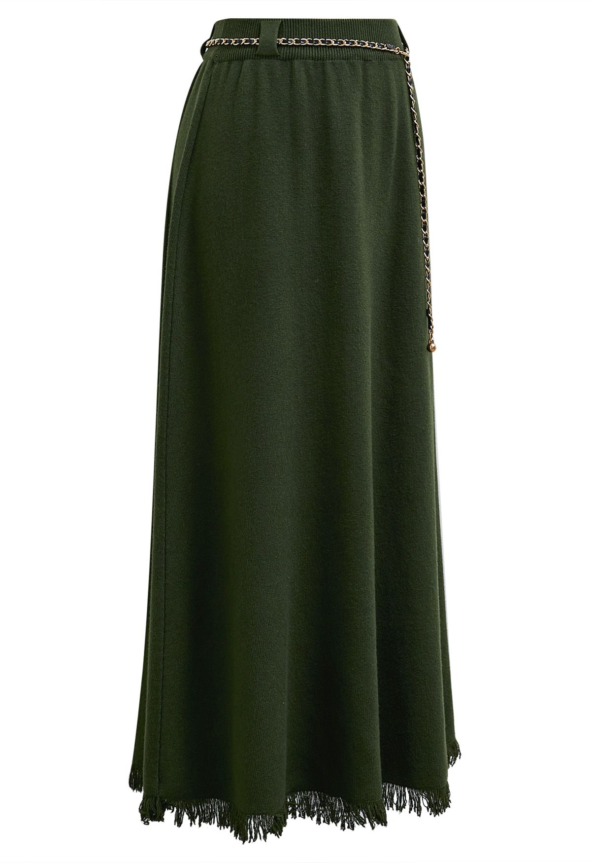 Chain Belt Fringe Hem Knit Maxi Skirt in Army Green