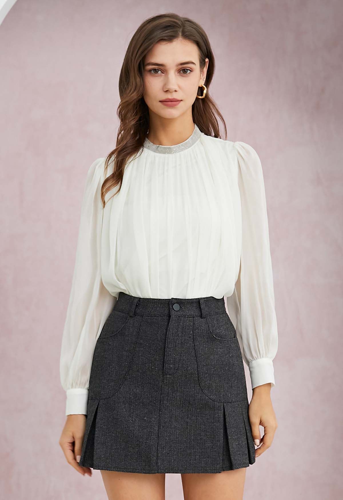 Herringbone Pocket Pleated Hem Mini Skirt