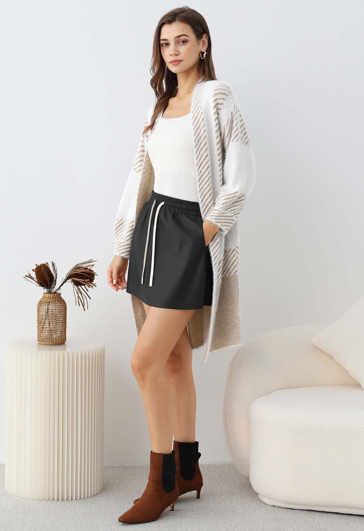 Faux Leather Drawstring Waist Mini Skirt in Black