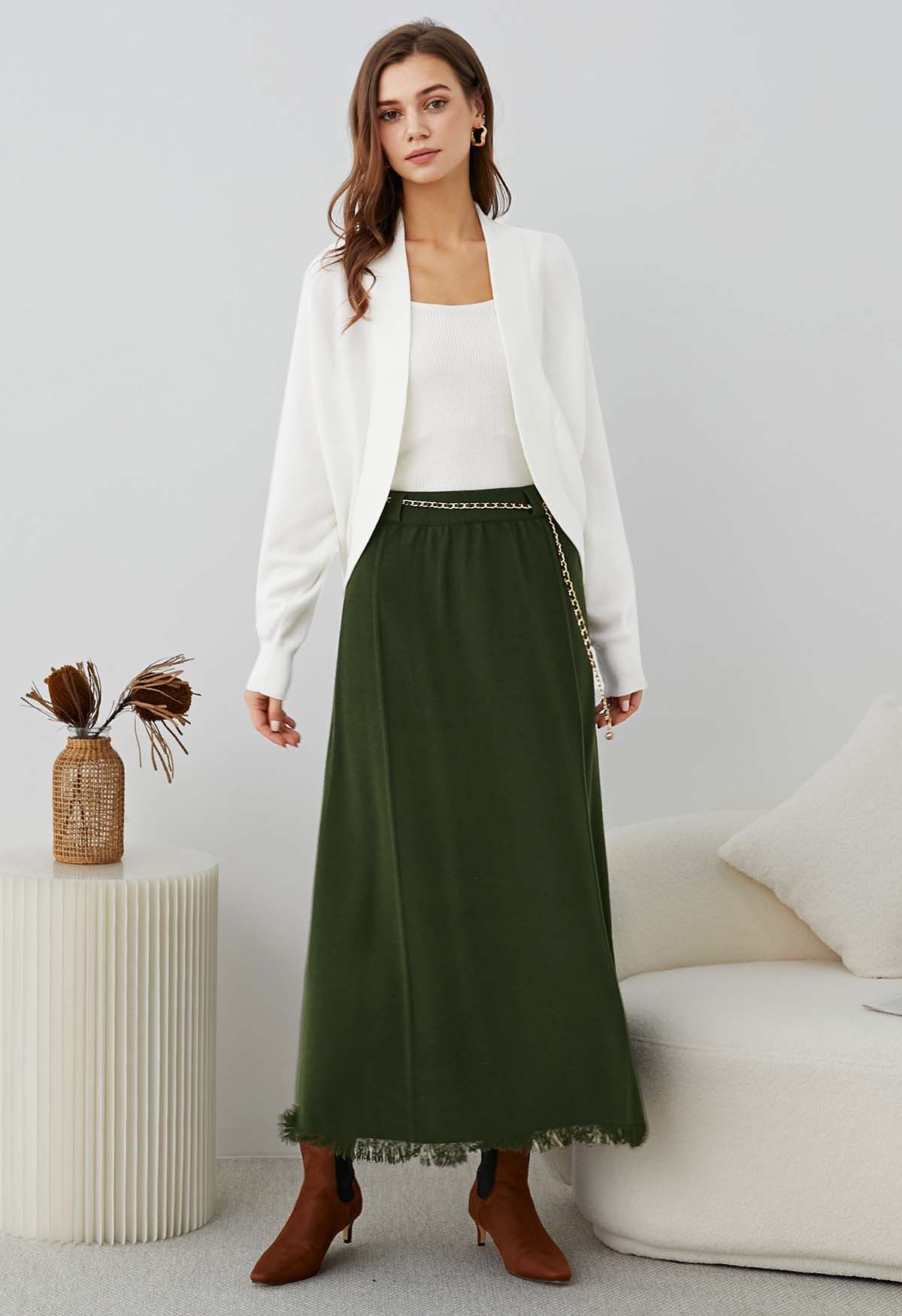 Chain Belt Fringe Hem Knit Maxi Skirt in Army Green