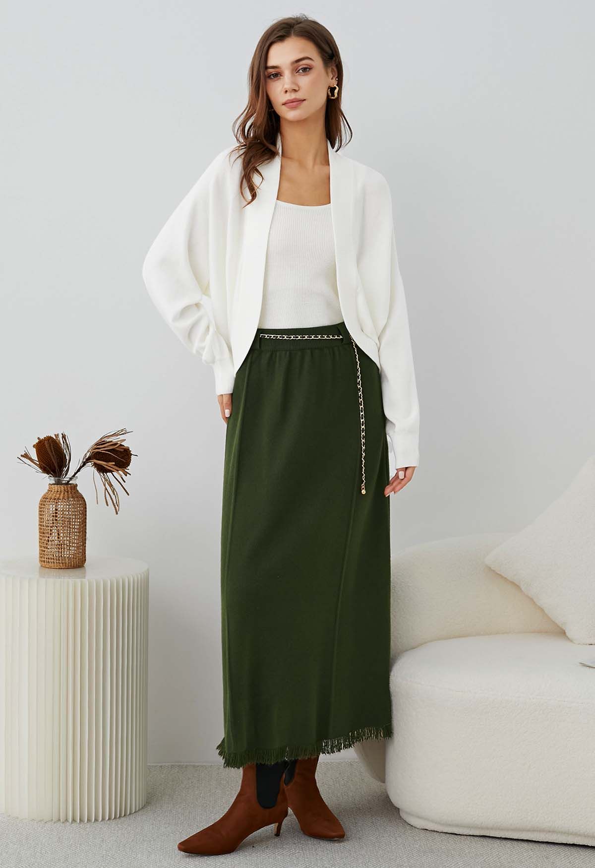 Chain Belt Fringe Hem Knit Maxi Skirt in Army Green