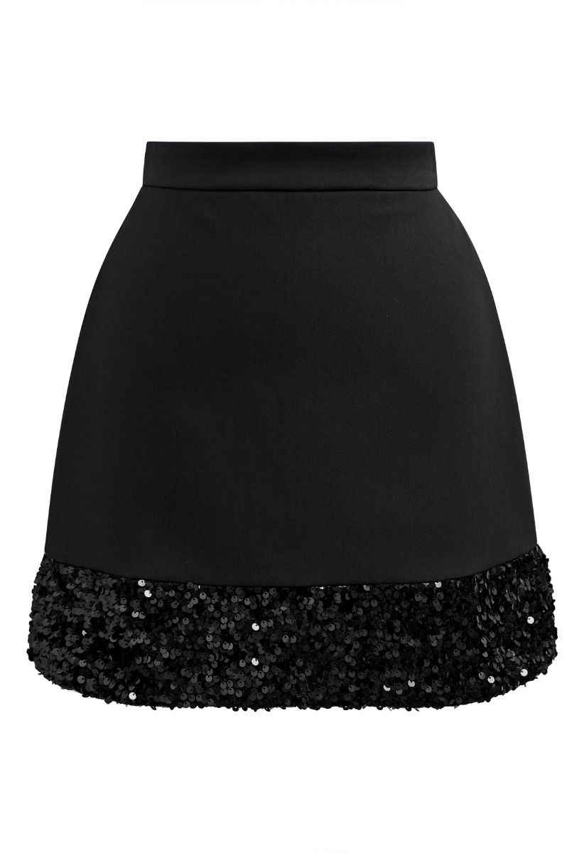 Shine Glamour Sequin Hem Mini Skirt in Black