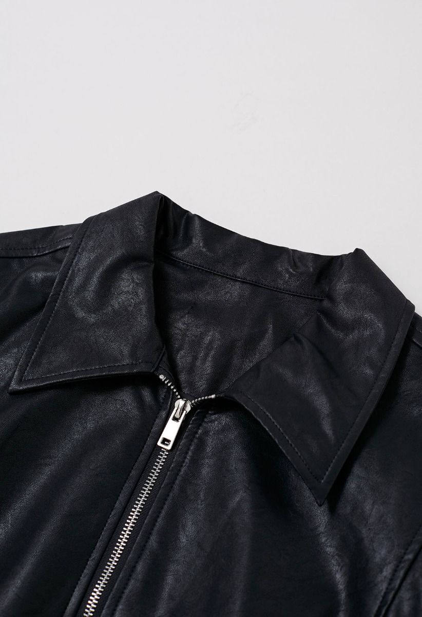 Point Collar Faux Leather Zipper Jacket in Black