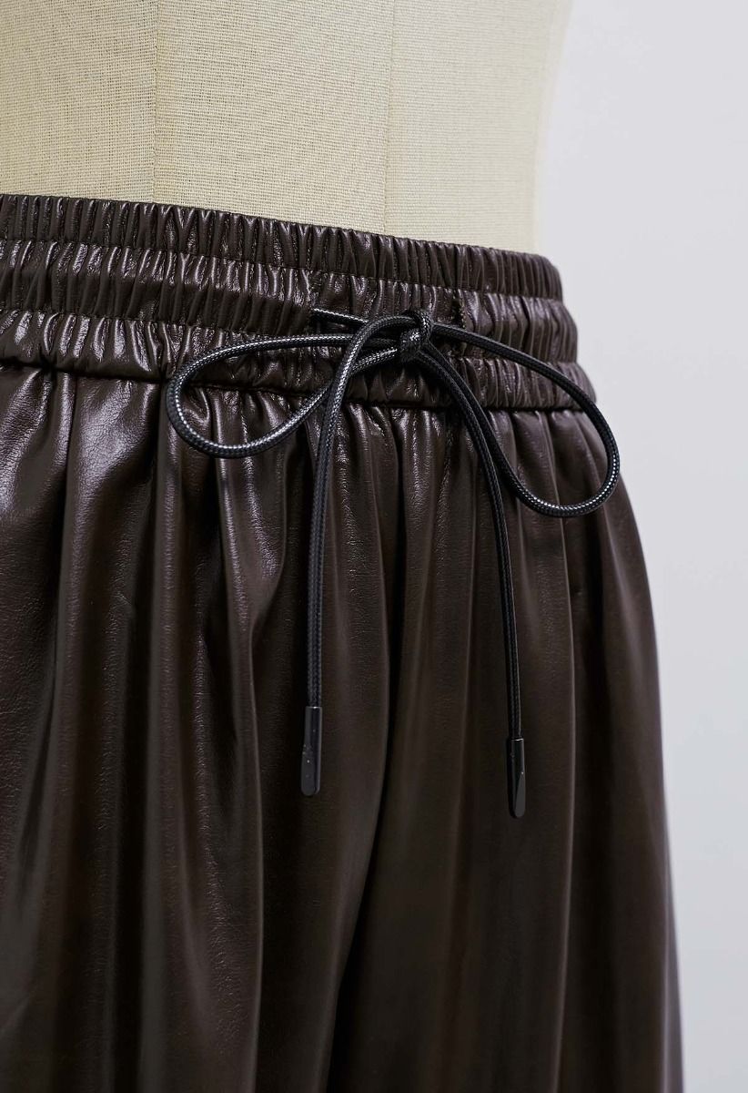 City Stroll Faux Leather Drawstring Pants in Brown