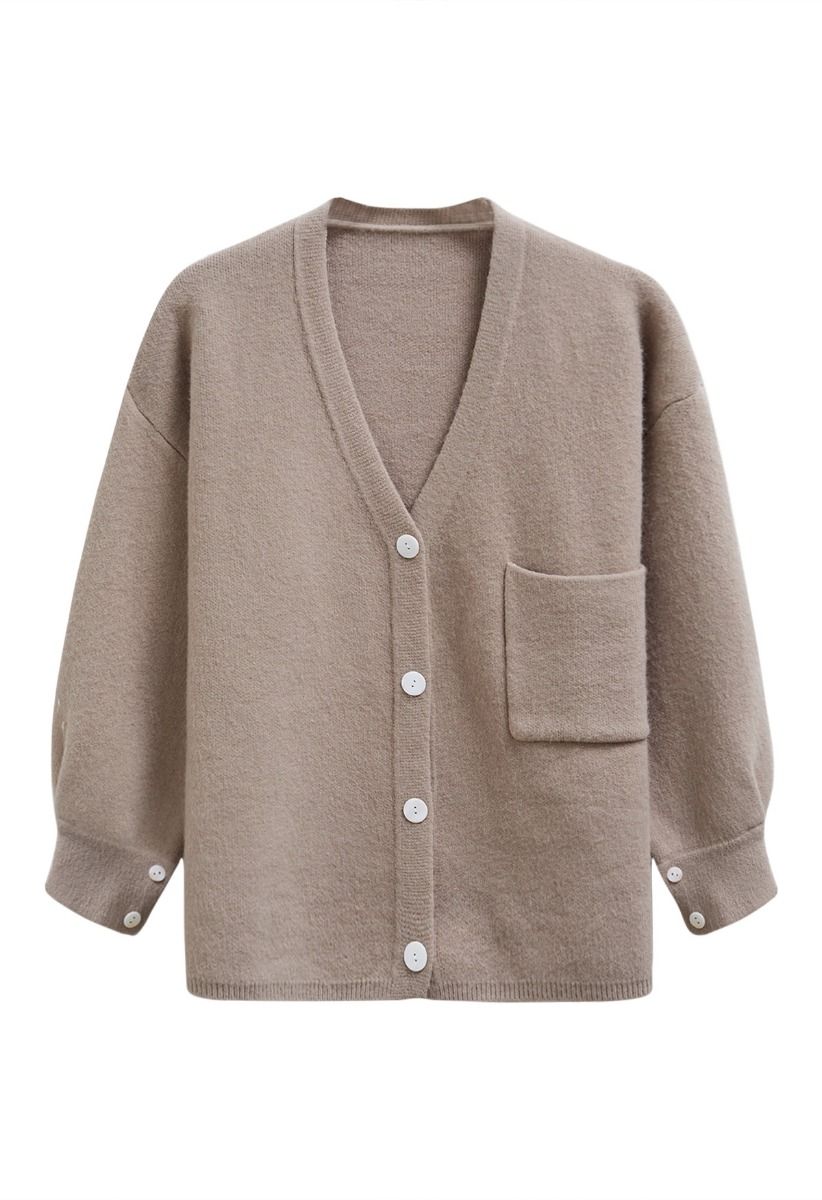 Relaxed Patch-Pocket Button Down Cardigan in Oatmeal