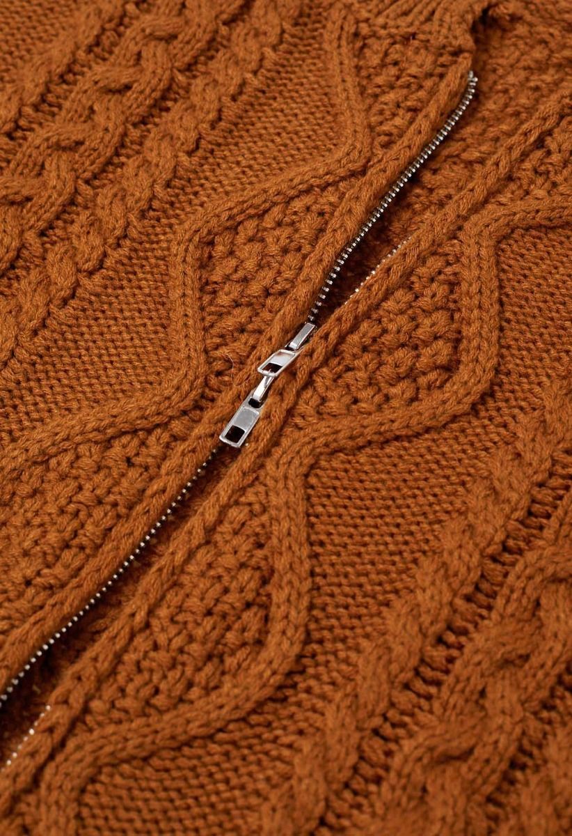 Raw Edge Cable Knit Zipper Crop Cardigan in Pumpkin