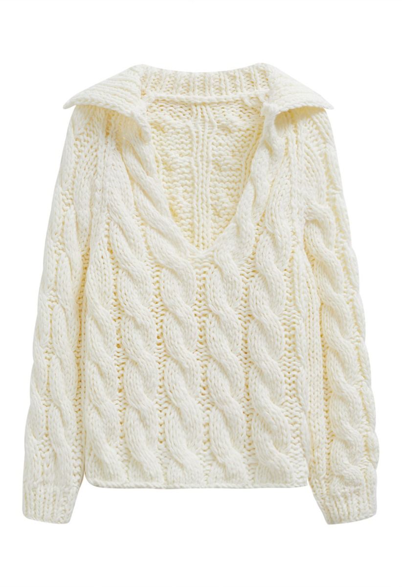 Collared V-Neck Chunky Cable-Knit Sweater in Ivory