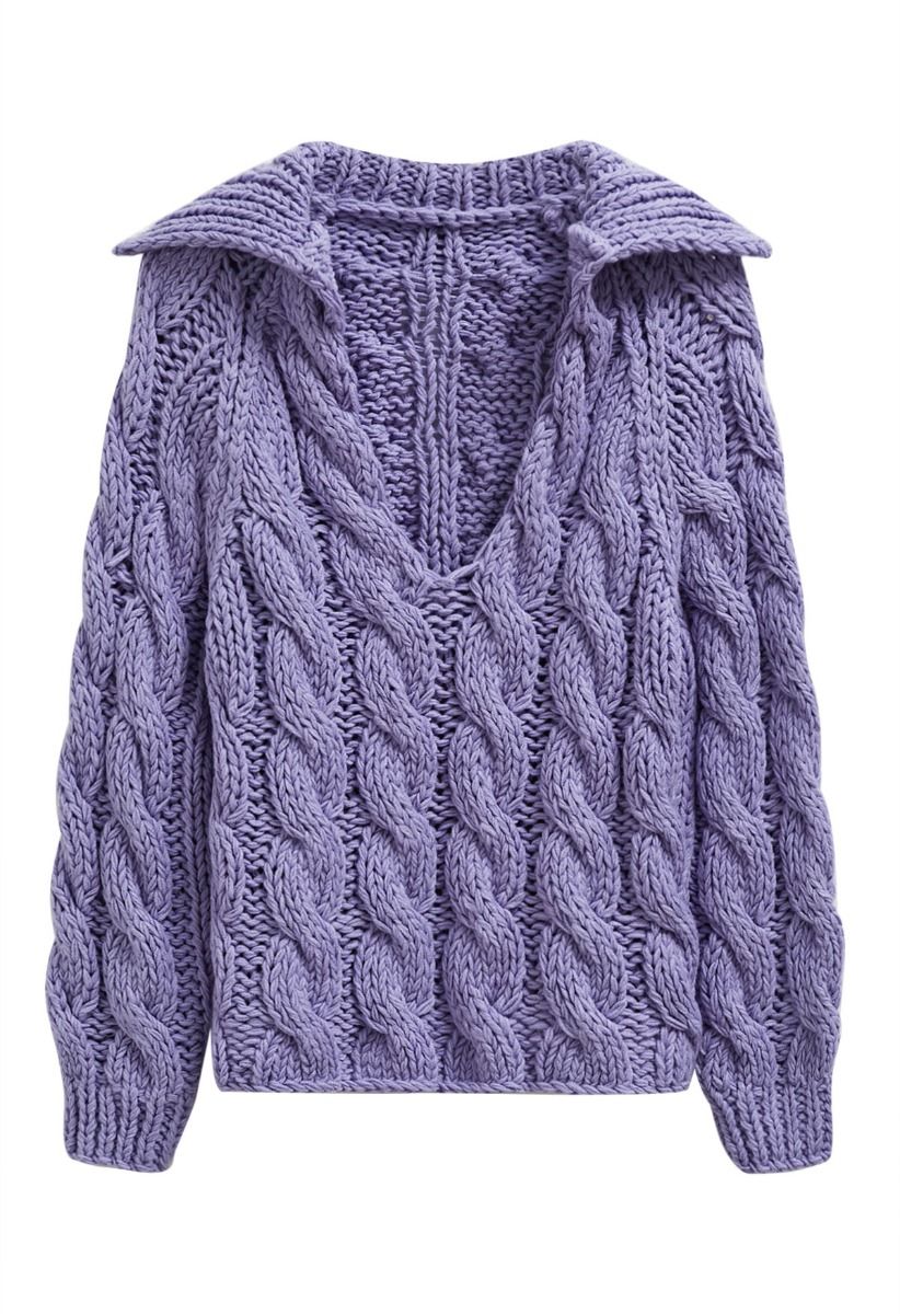 Collared V-Neck Chunky Cable-Knit Sweater in Lavender