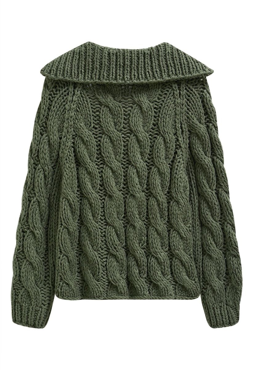 Collared V-Neck Chunky Cable-Knit Sweater in Army Green