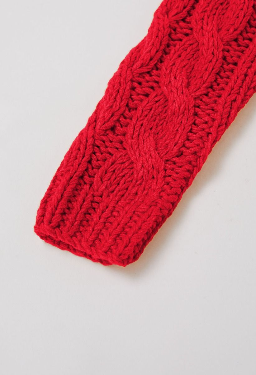 Collared V-Neck Chunky Cable-Knit Sweater in Red