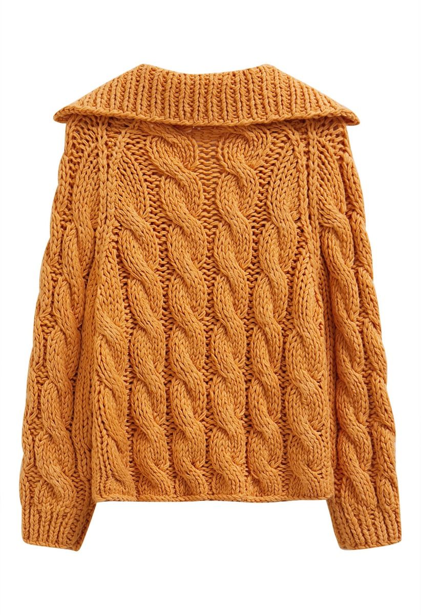 Collared V-Neck Chunky Cable-Knit Sweater in Orange