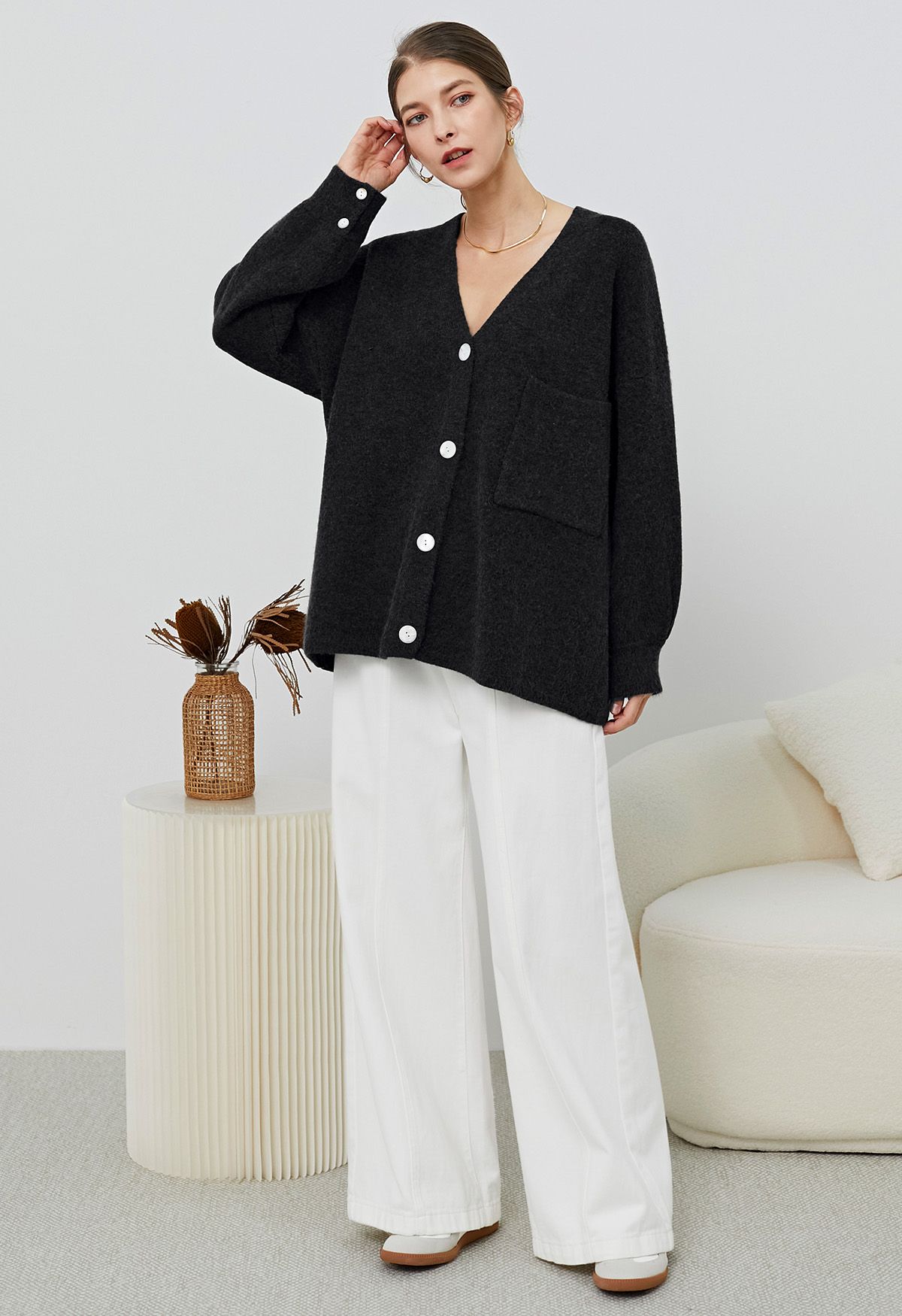 Relaxed Patch-Pocket Button Down Cardigan in Black