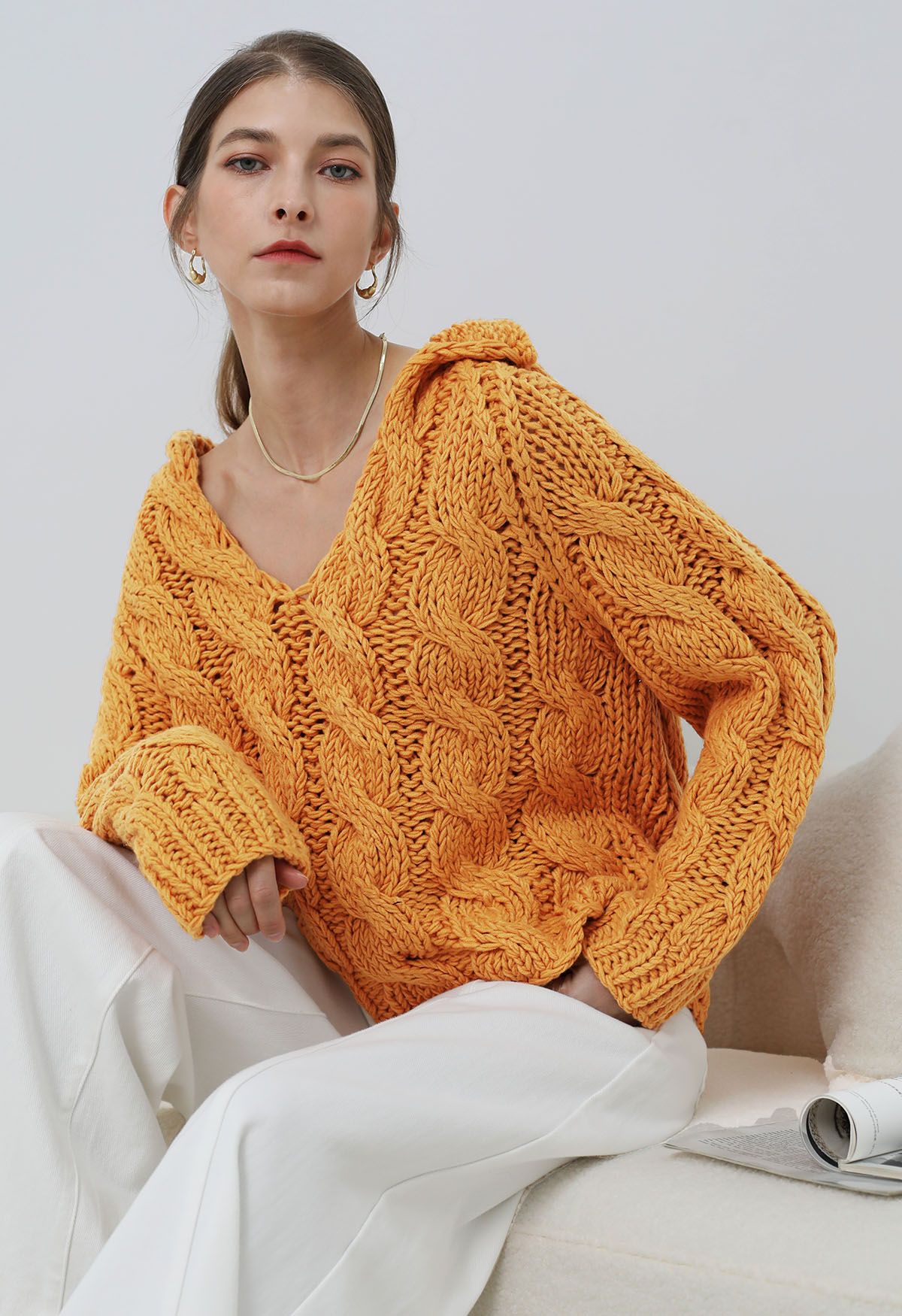 Collared V-Neck Chunky Cable-Knit Sweater in Orange