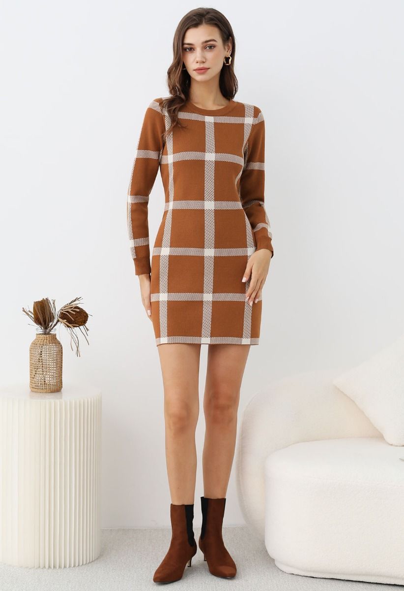 Fall Wear Check Pattern Sweater Dress in Pumpkin