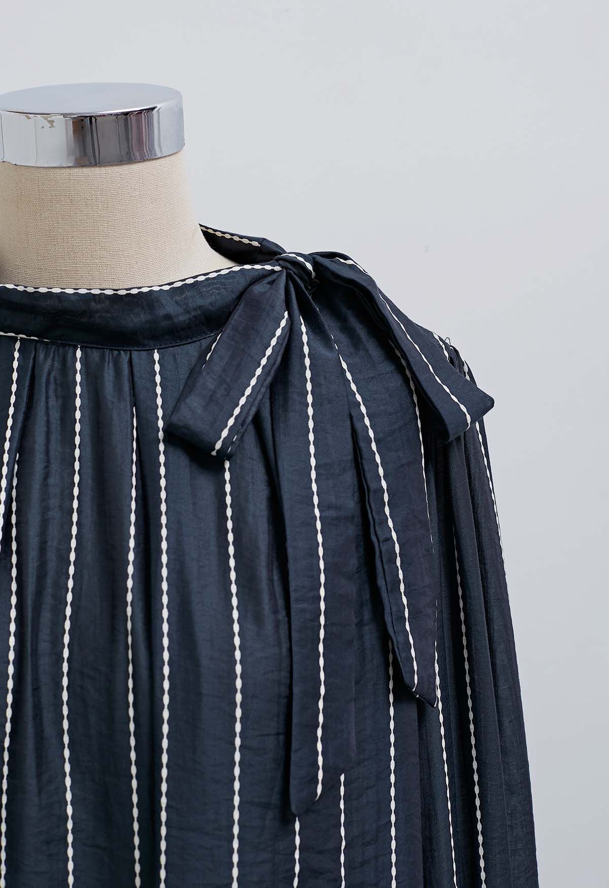 Striped Tie Neck Puff Sleeve Pleats Shirt in Navy