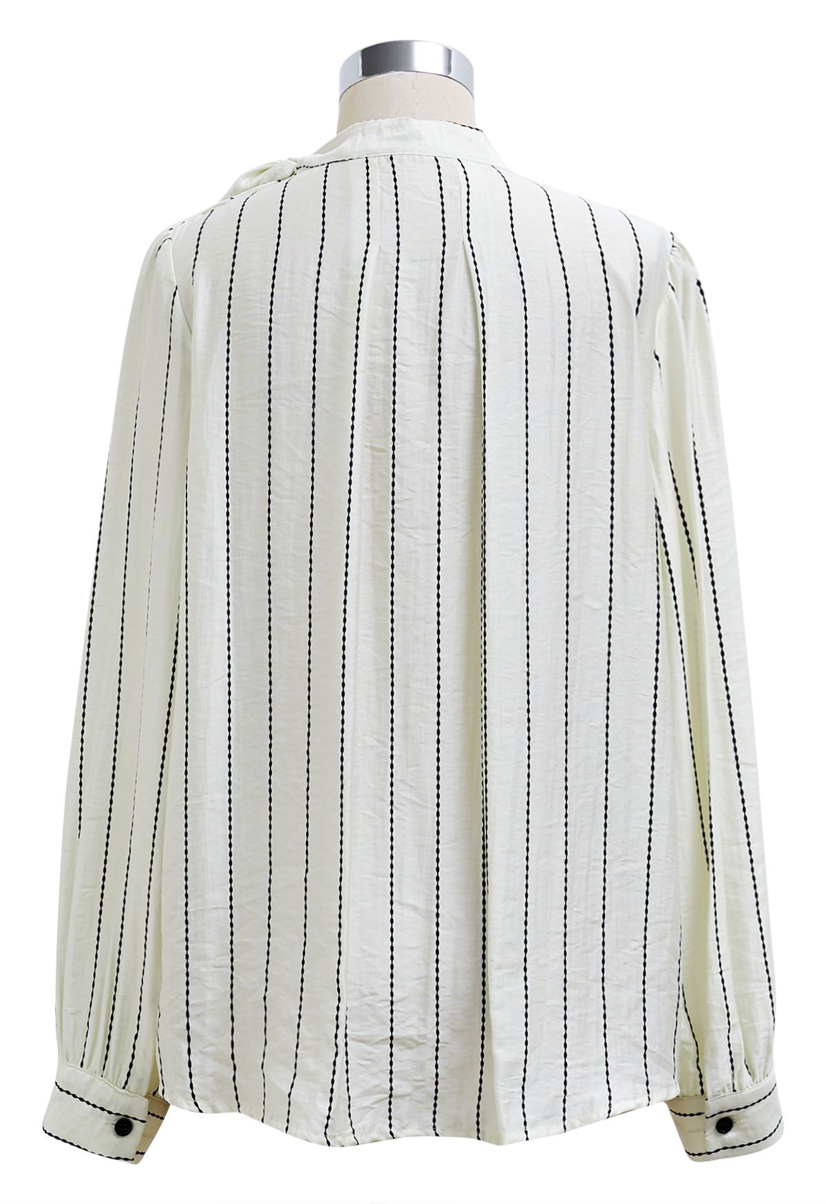 Striped Tie Neck Puff Sleeve Pleats Shirt in White