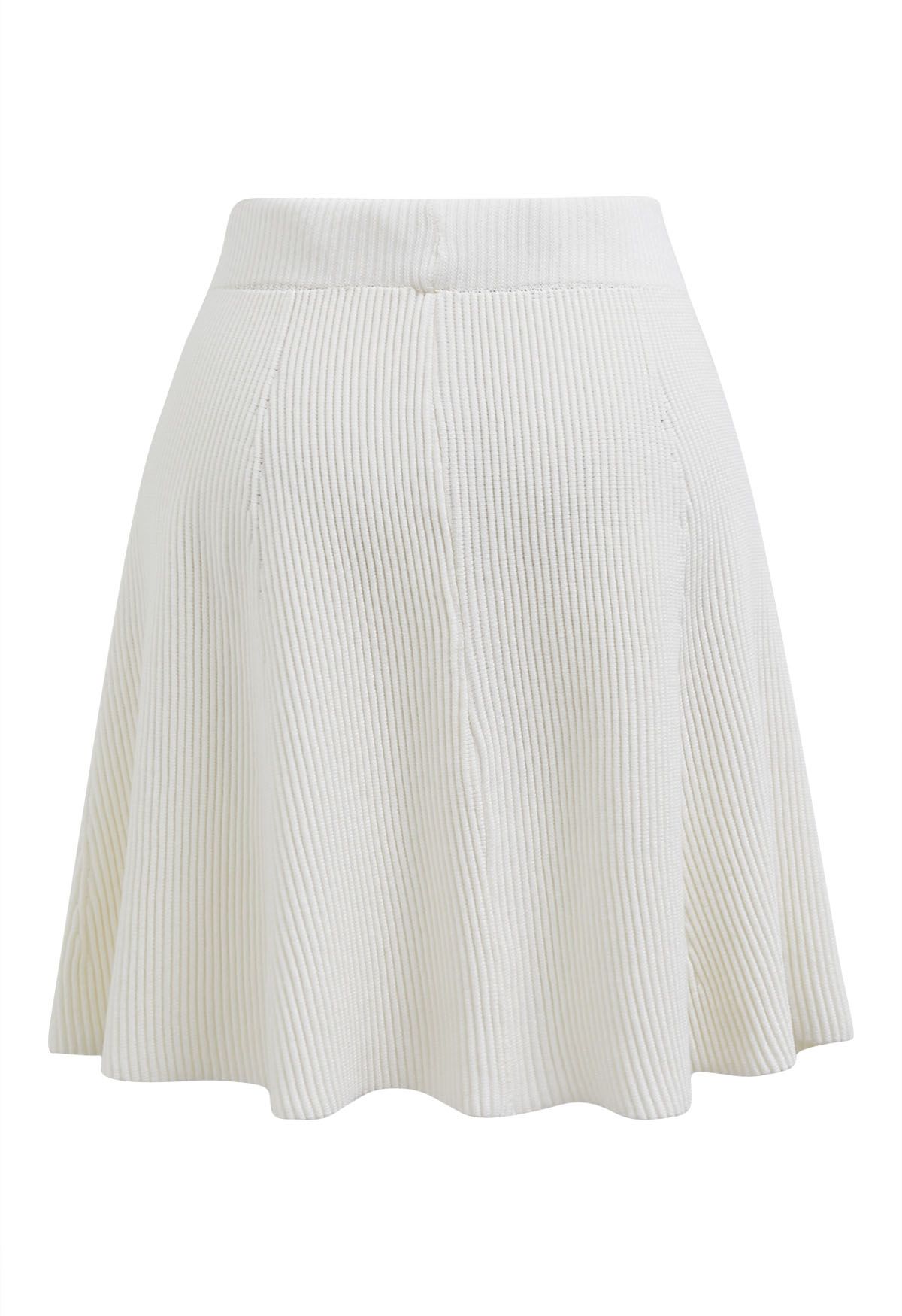 Patch Pockets Button Trim Knit Mini Skirt in White