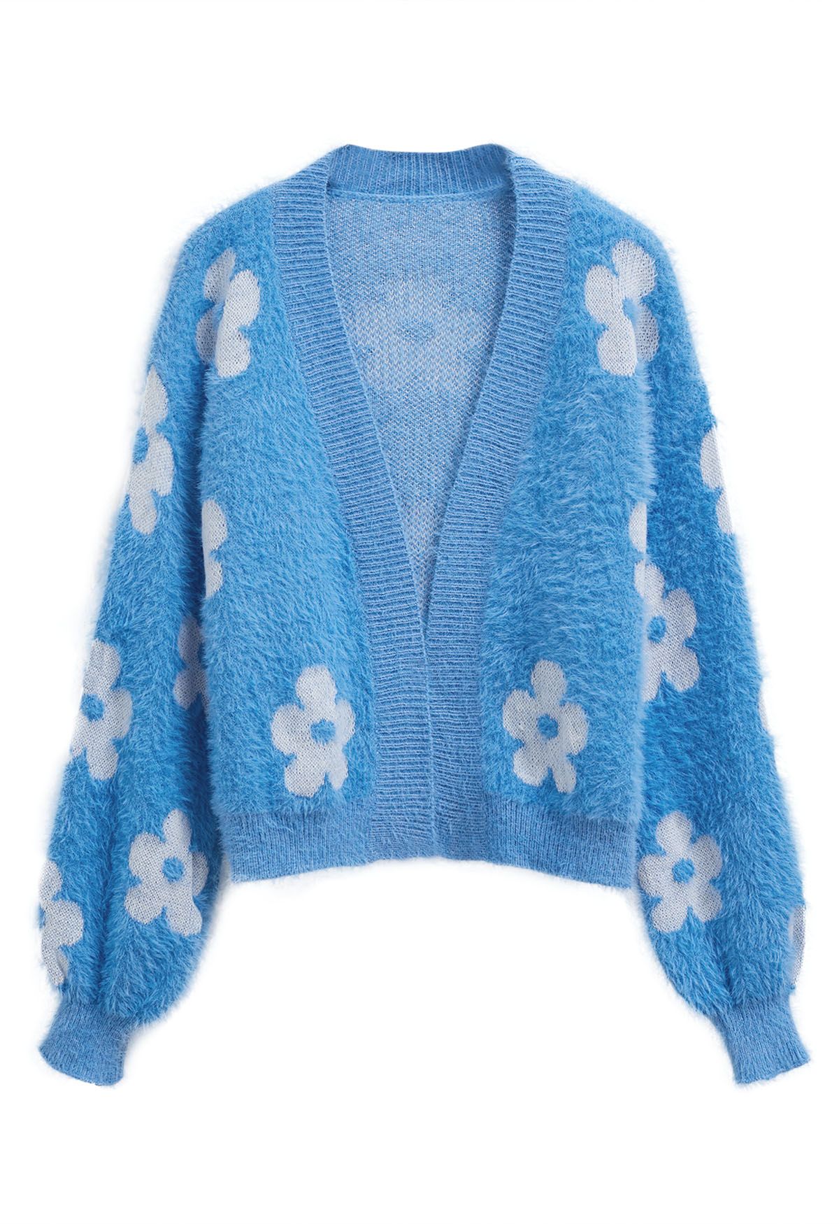 Cuteness Flowers Fuzzy Knit Cardigan in Blue