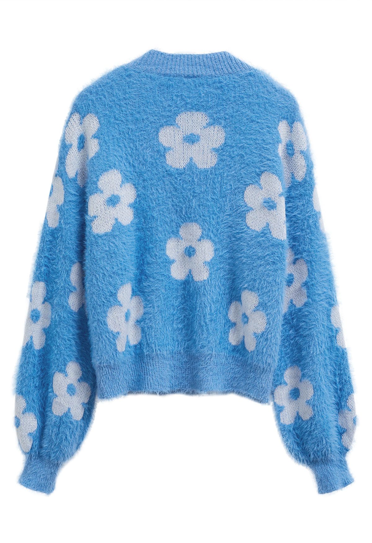 Cuteness Flowers Fuzzy Knit Cardigan in Blue