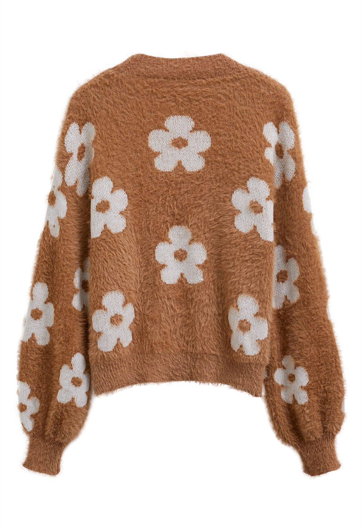 Cuteness Flowers Fuzzy Knit Cardigan in Caramel