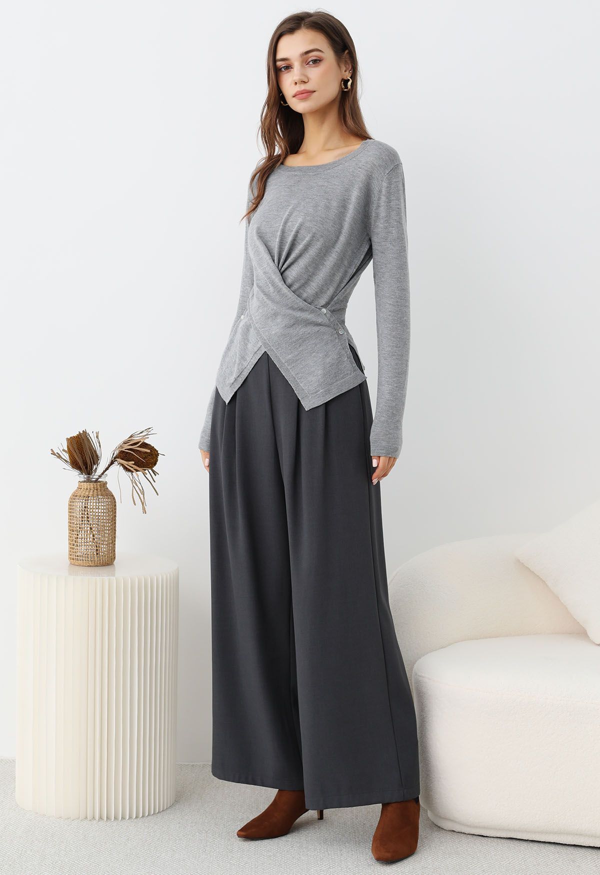 Fascinating Crisscross Buttoned Knit Top in Grey