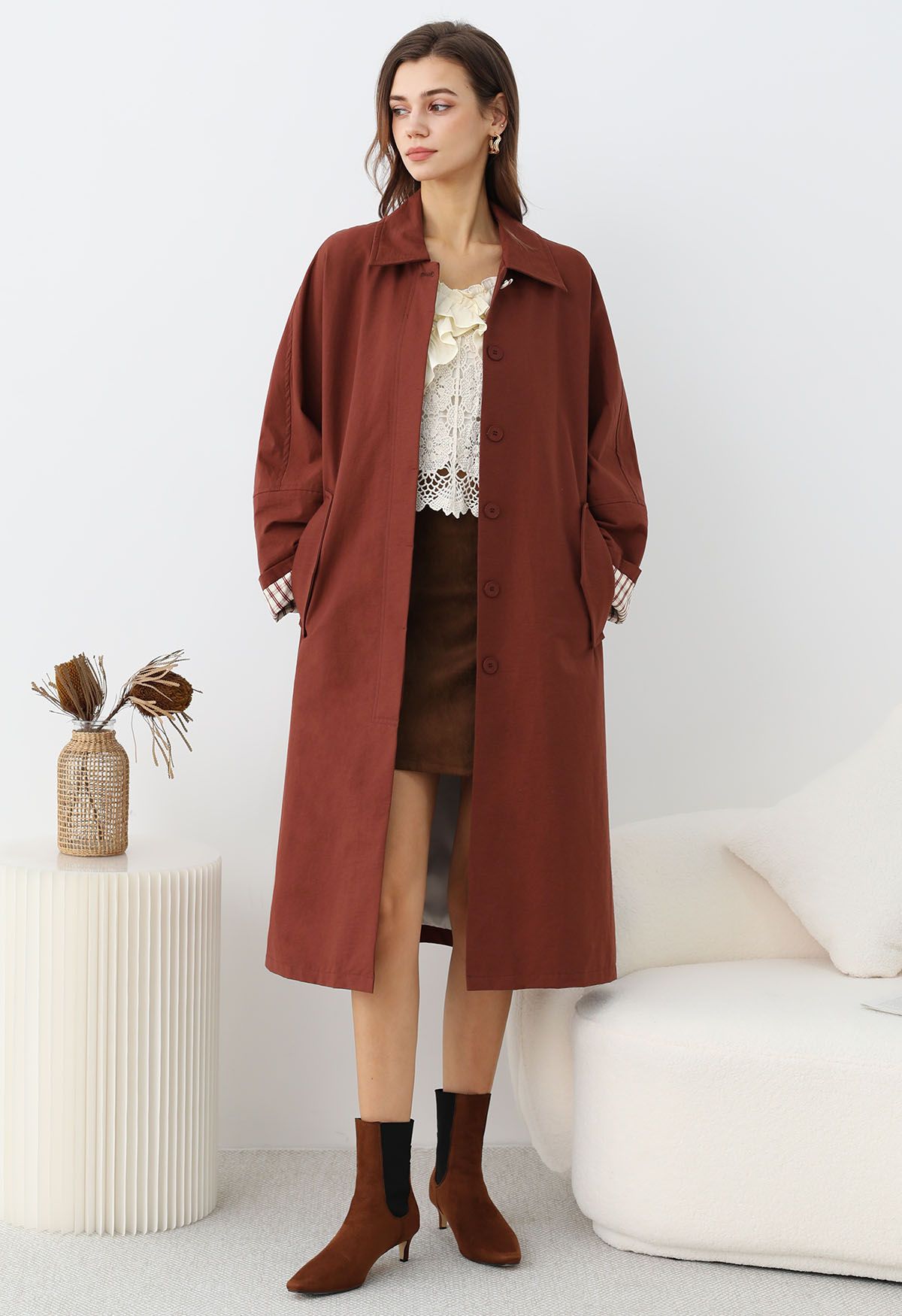 Modern Flair Plaid Cuff Button Down Trench Coat in Red