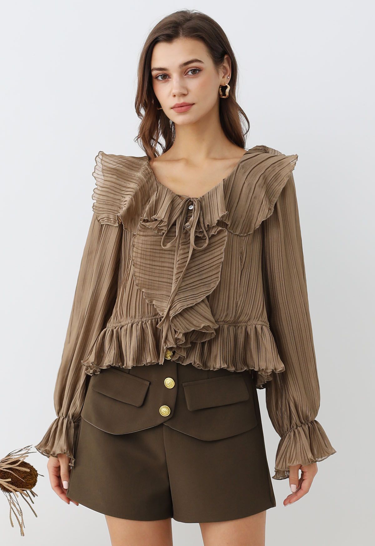 Urban Ease Golden Button Flap Shorts in Brown