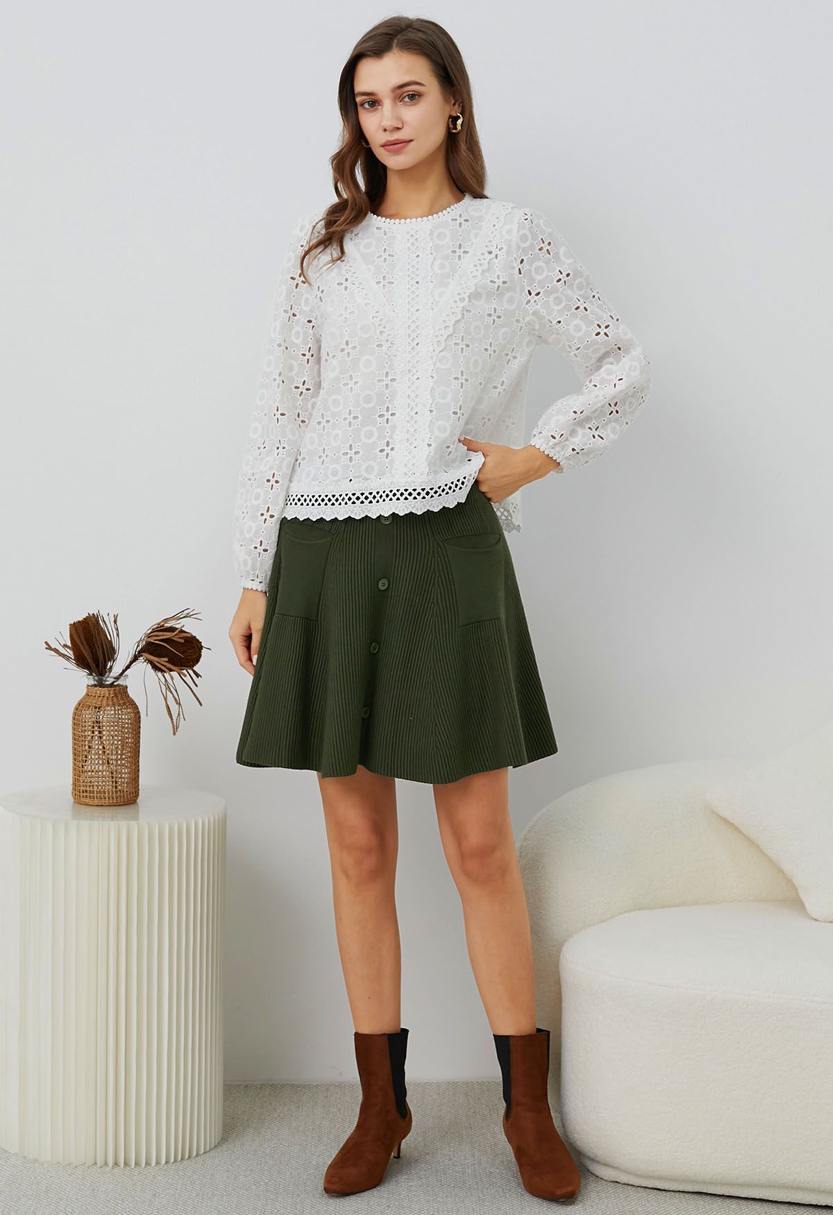 Intricate Petals Eyelet Embroidery Cotton Top in White