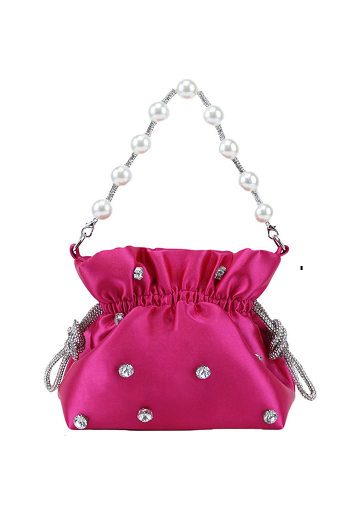 Rhinestone Decor Drawstring Shoulder Bag in Hot Pink