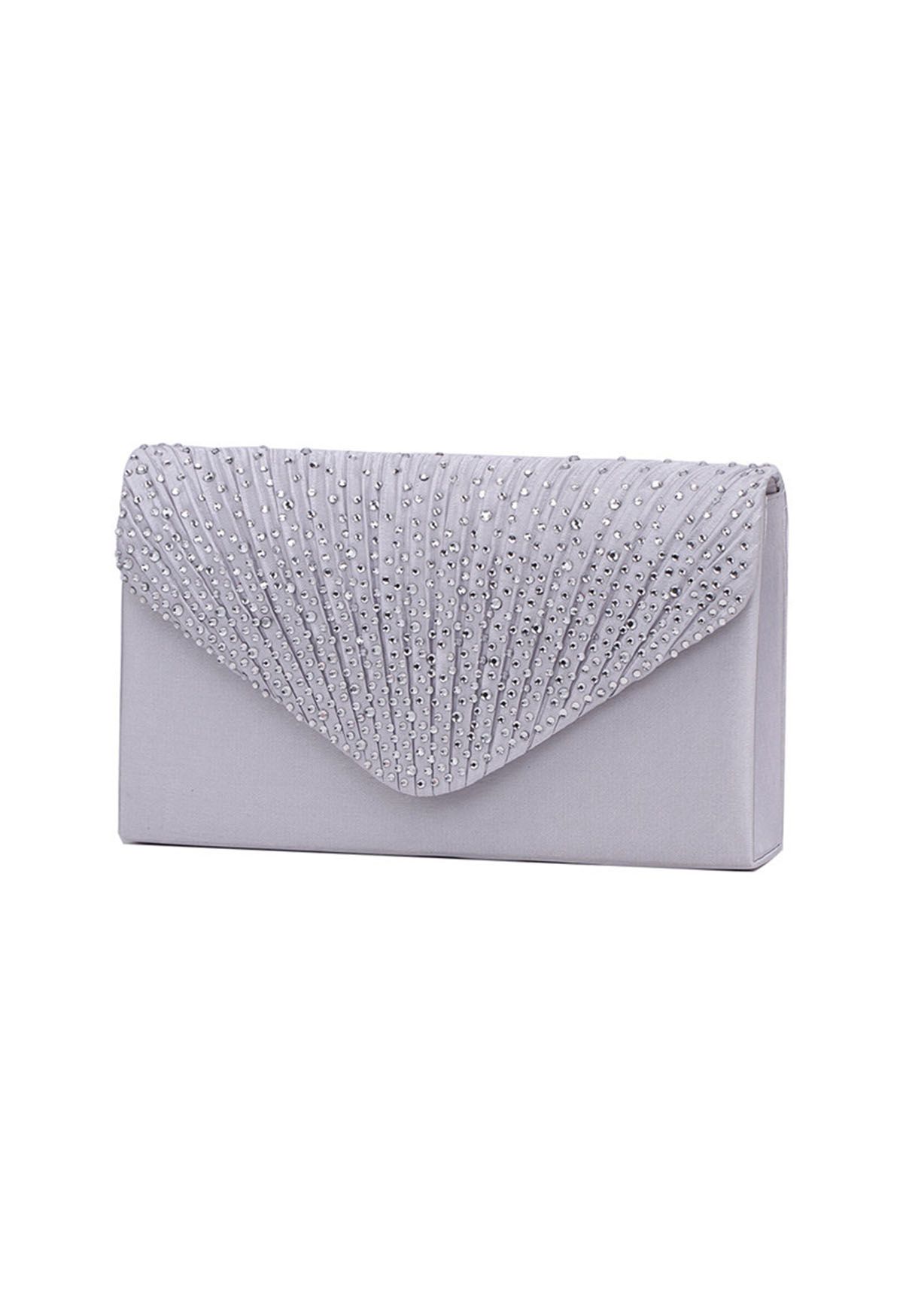 Rhinestone Embellished Satin Envelope Bag in Silver