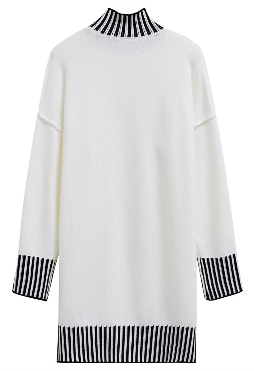 Contrast Stripe Mock Neck Knit Sweater Dress in Ivory