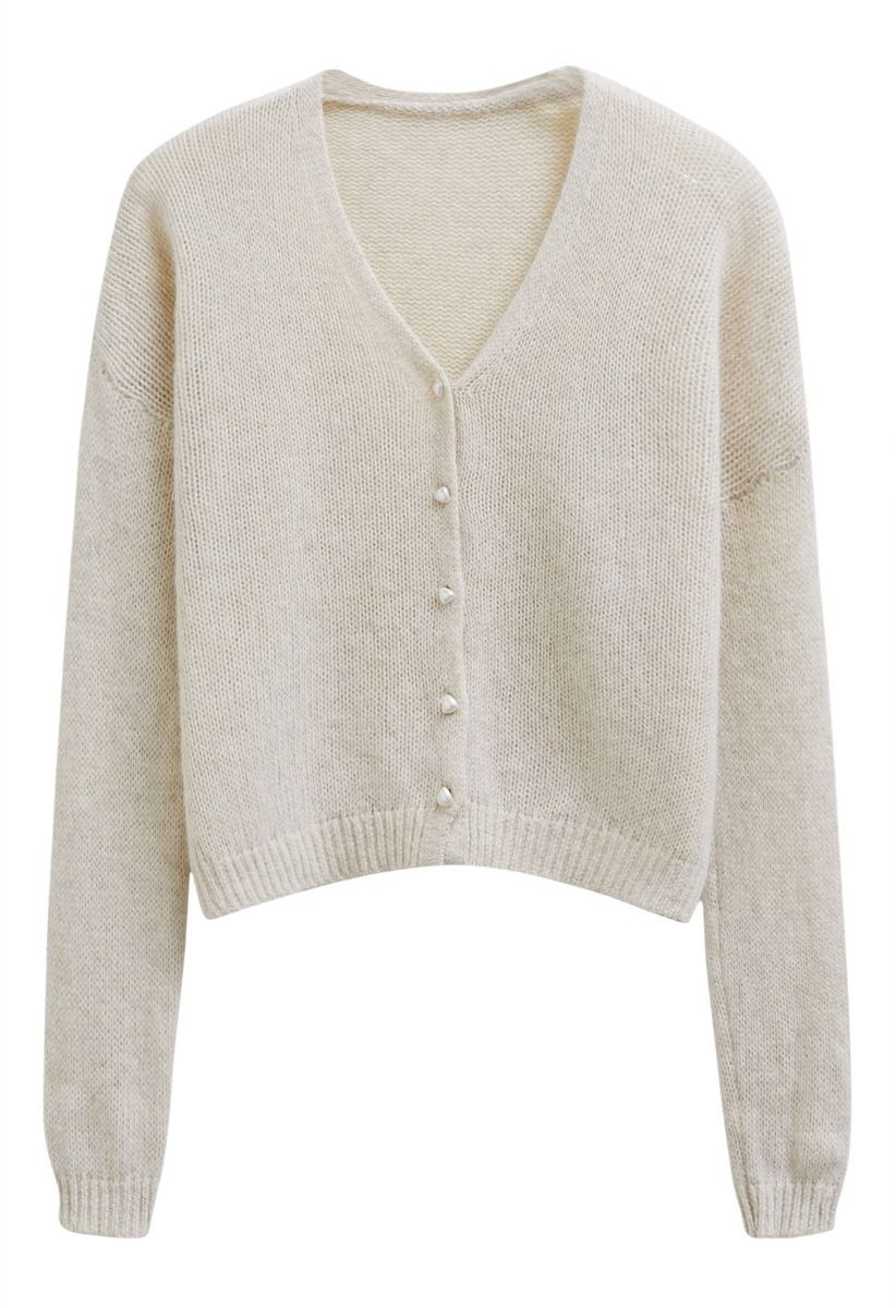 Solid Color Pearly Button Knit Cardigan in Oatmeal