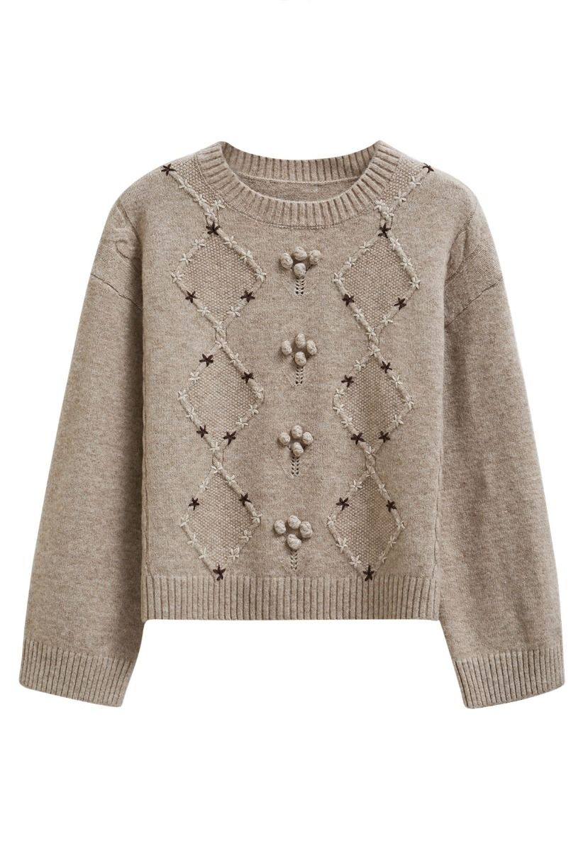 Floral Diamond Pom-Pom Ribbed Knit Sweater in Taupe