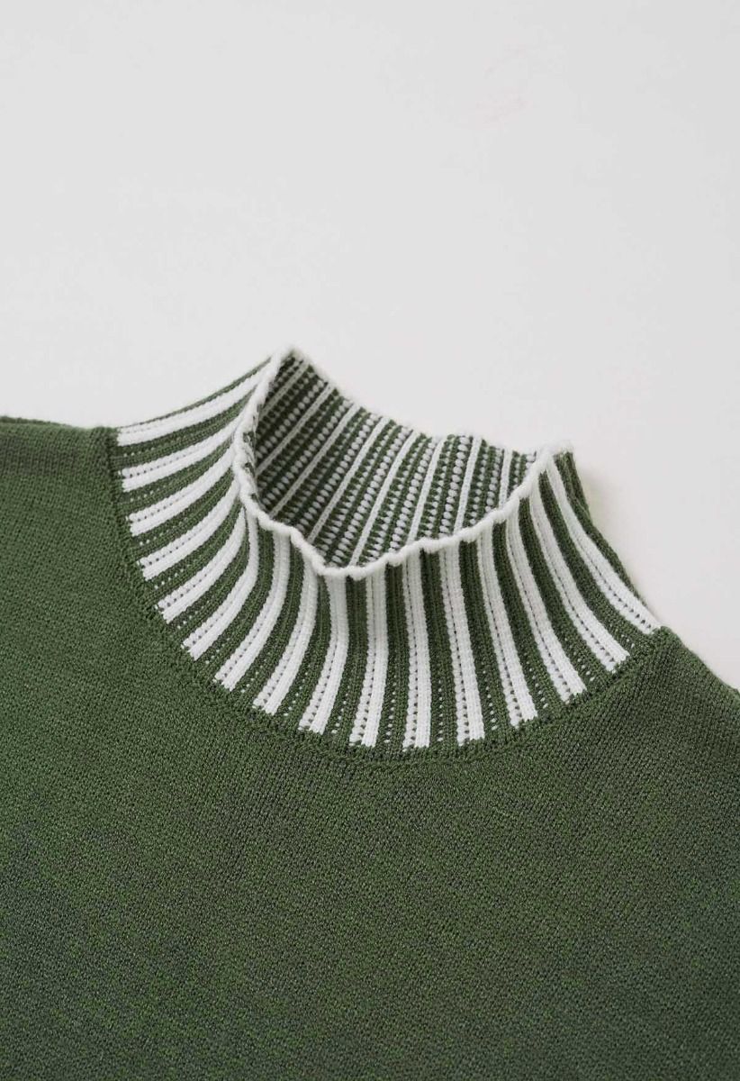 Contrast Stripe Mock Neck Knit Sweater Dress in Green