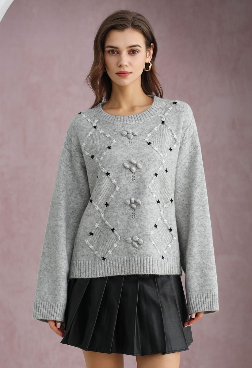 Floral Diamond Pom-Pom Ribbed Knit Sweater in Grey