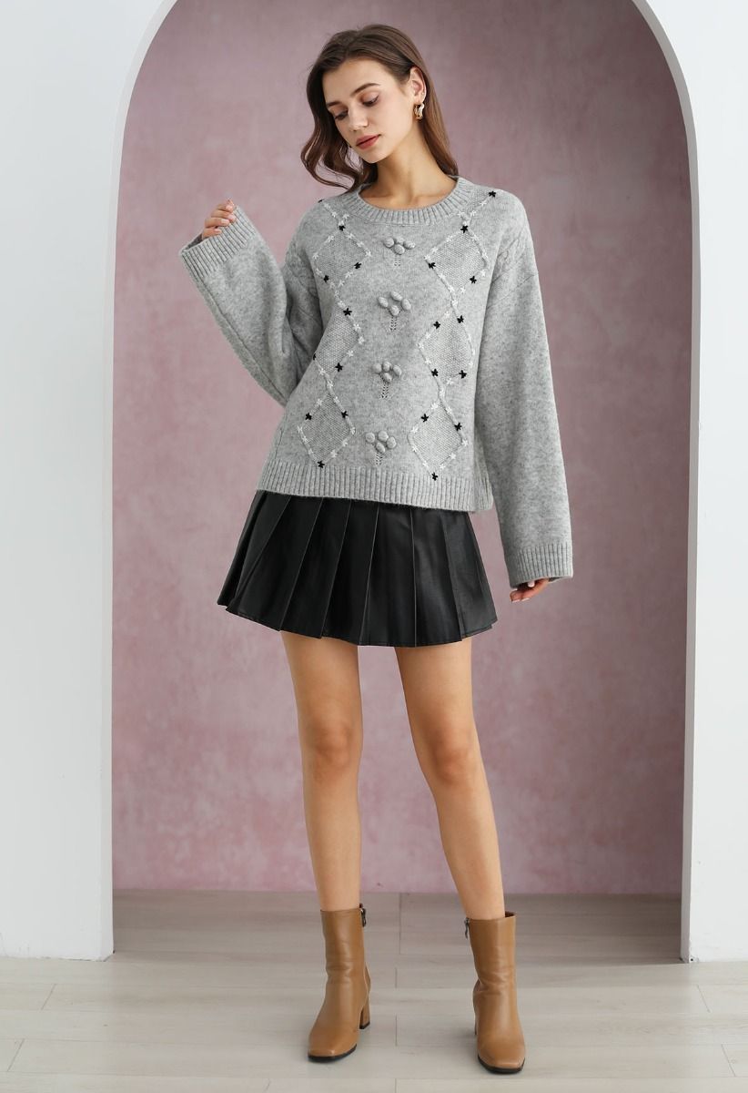 Floral Diamond Pom-Pom Ribbed Knit Sweater in Grey