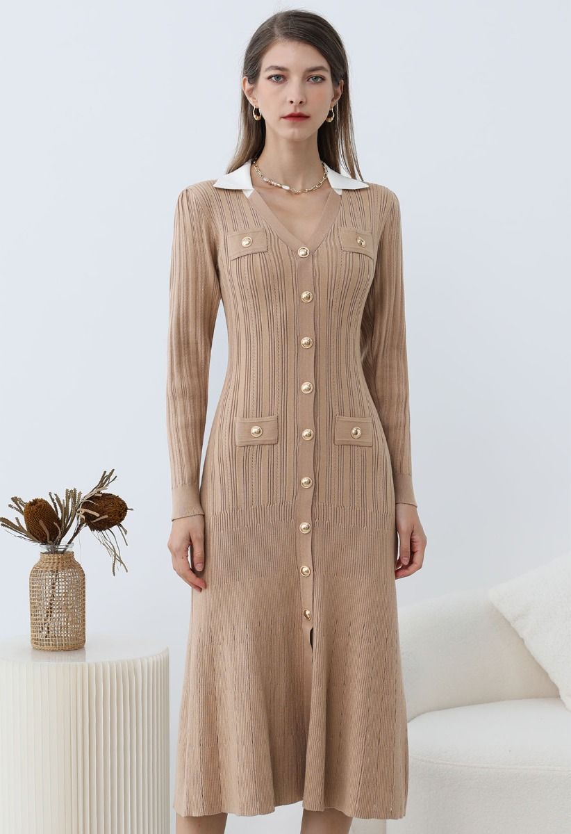 Attractive Stud Button V-Neck Collared Midi Dress in Tan